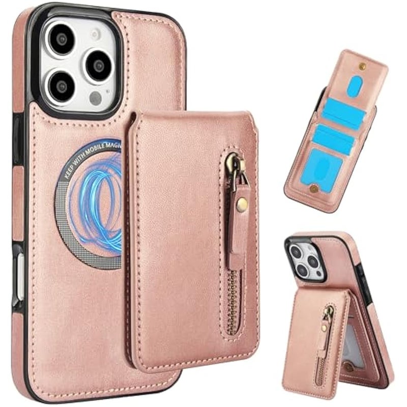 CCSmall Detachable Magnetic Wallet Case for iPhone 16 Pro Max Compatible with MagSafe, PU Leather RFID Barrier Phone Cover Case with Cash Zipper Pocket Card Slots for iPhone 16 Pro Max ZFT Rose Gold - Image 1